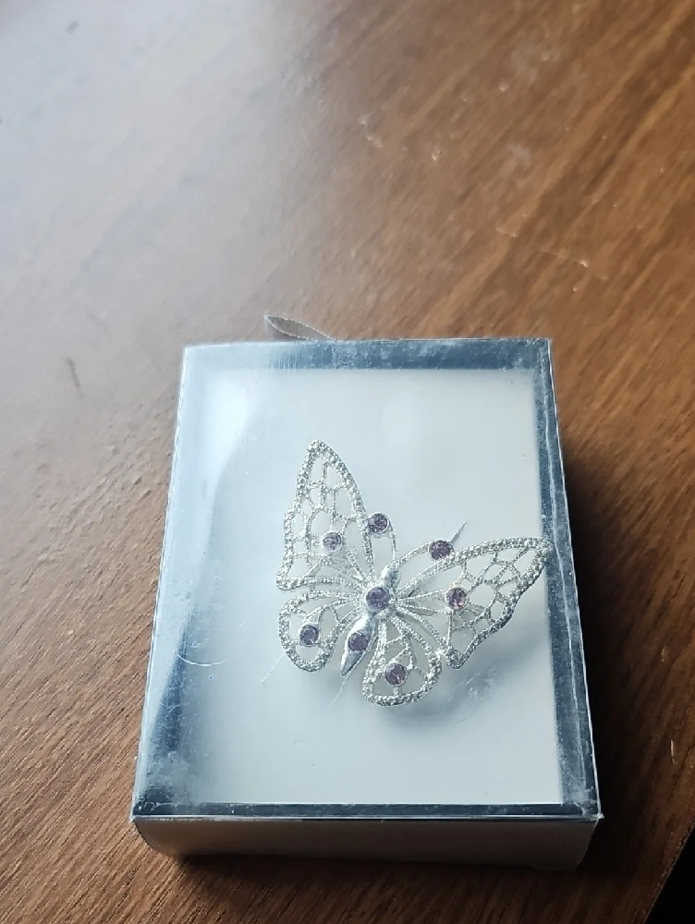 NIB Vintage Silver Butterfly Brooch with Purple Gem Accents